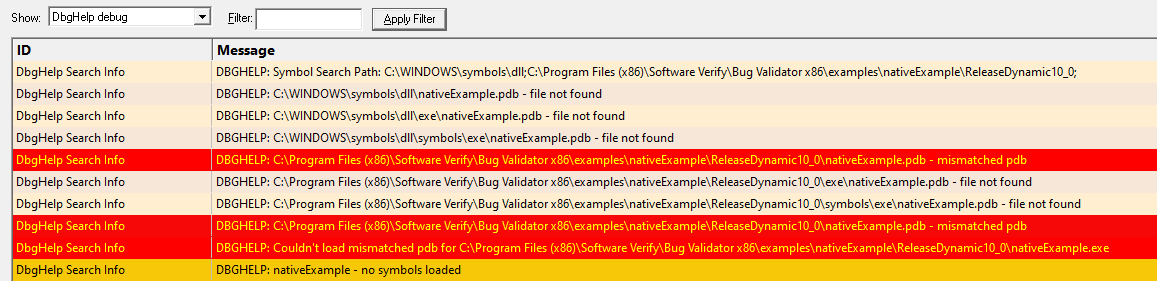 dbgHelpMismatchedSymbolsFound