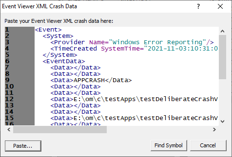 QuerySymbolByEventViewerXMLCrashLogDialogWithData