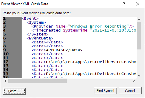 QuerySymbolByEventViewerXMLCrashLogDialogWithData