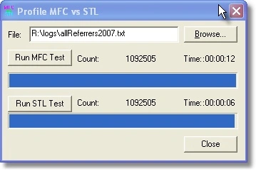 Time comparison of reading a 34MB file with MFC and STL