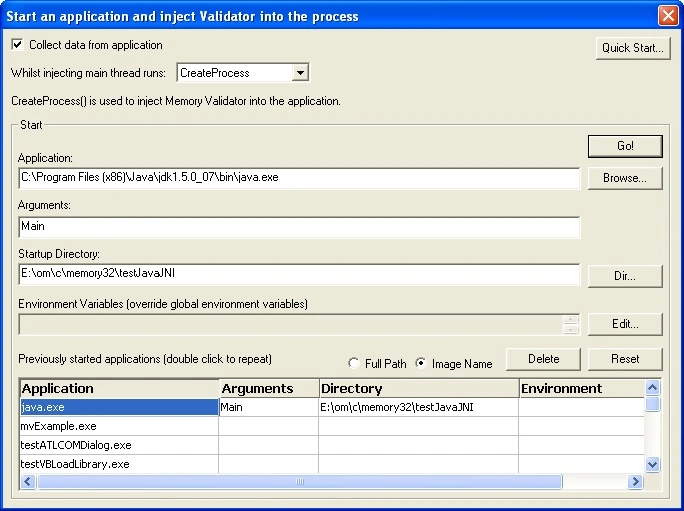 Memory Validator launch dialog showing launch of Java application