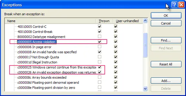 Exception dialog, access violation