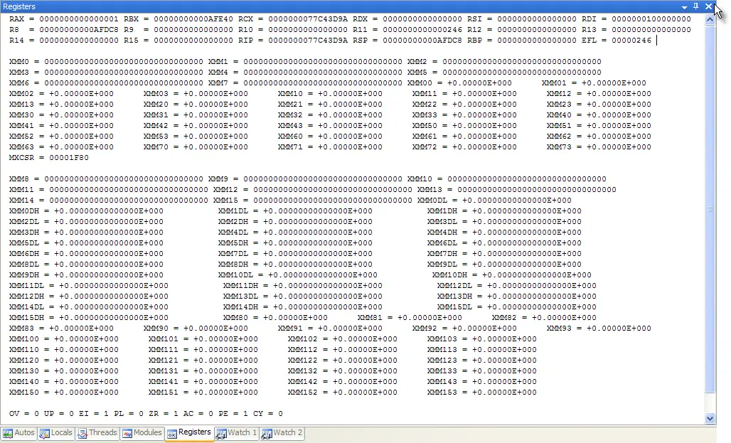 Visual Studio integer and floating point registers