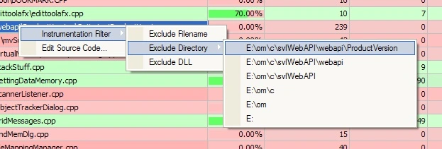 Coverage filter directory context menu
