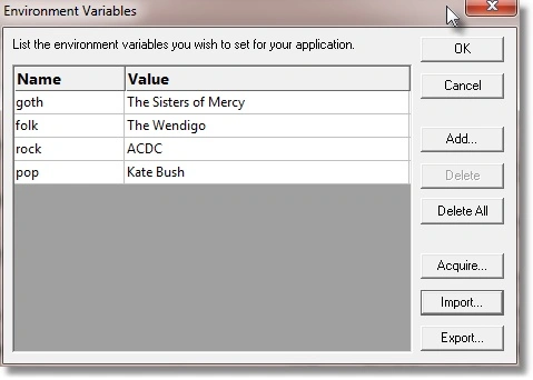 Environment variable dialog