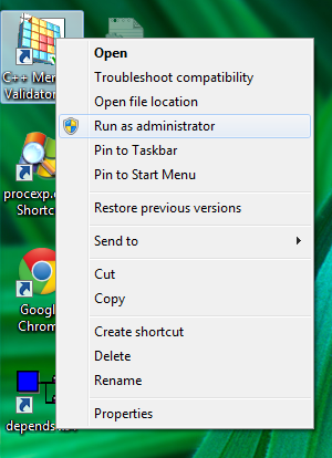 Desktop context menu, run as admin