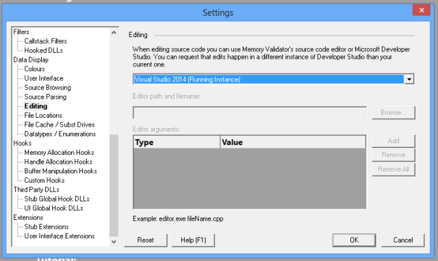 Setting Visual Studio 2014 editor in Memory Validator