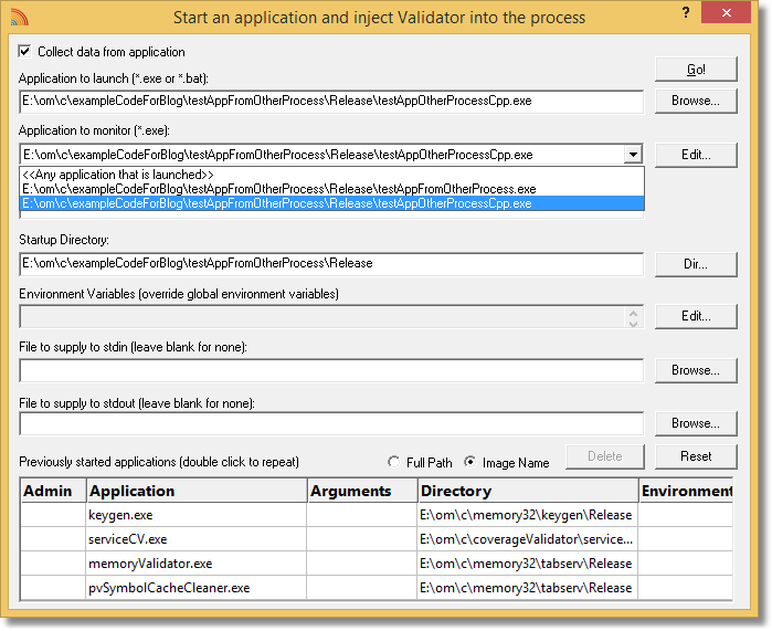 Listing the applications to monitor