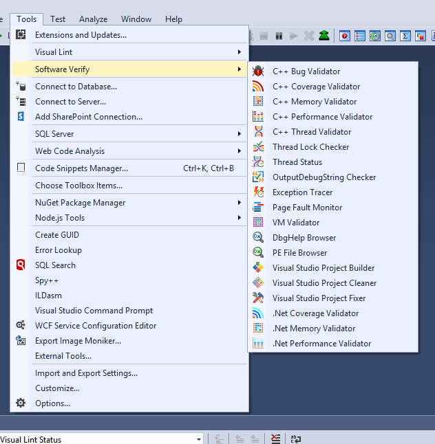 Software Verify menu on the Visual Studio tools menu