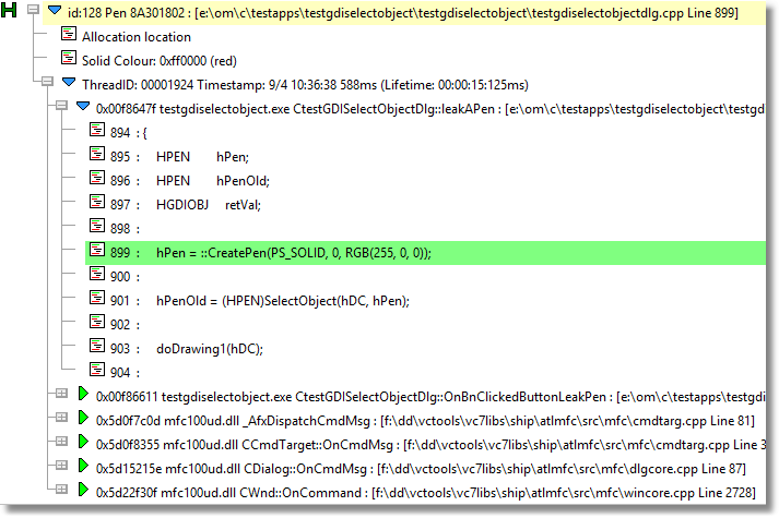 Memory Validator showing a leaked GDI pen