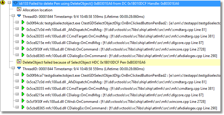 Memory Validator showing a leaked GDI pen because the pen is still in use