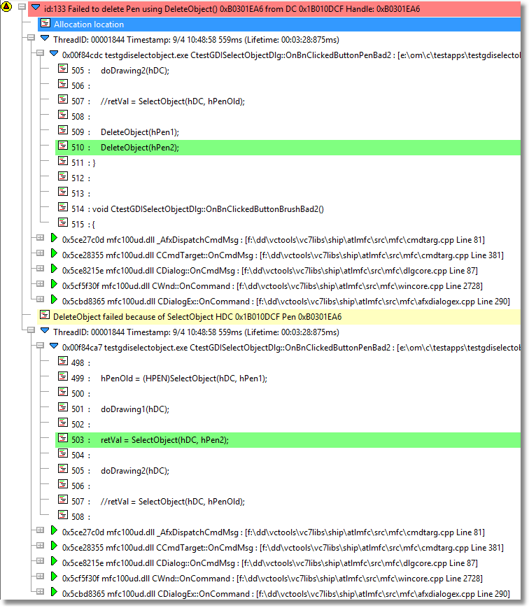 Memory Validator showing a leaked GDI pen because the pen is still in use - with source code