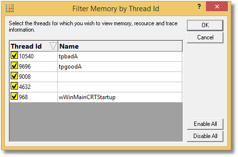 Memory Validator thread filter with names provided by thread naming exceptions