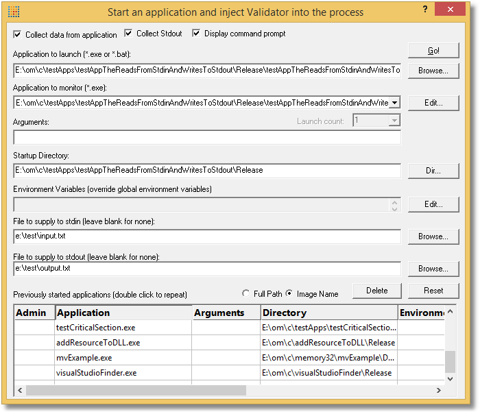 Launch dialog set to collect stdout