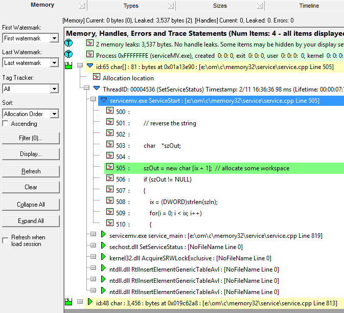 Memory Validator displaying leaks in the service