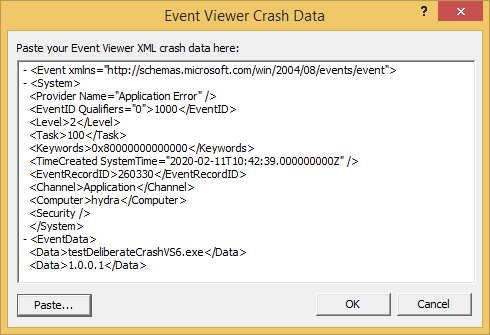 Query Symbol with XML crash log dialog