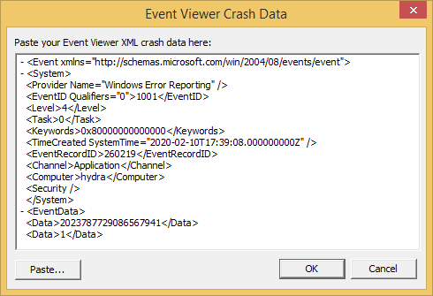 Query Symbol with XML crash log dialog