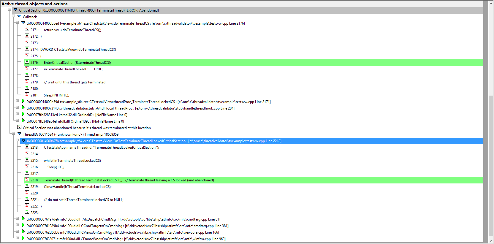 Thread Validator analysis abandoned critical sections because of TerminateThread() with source code