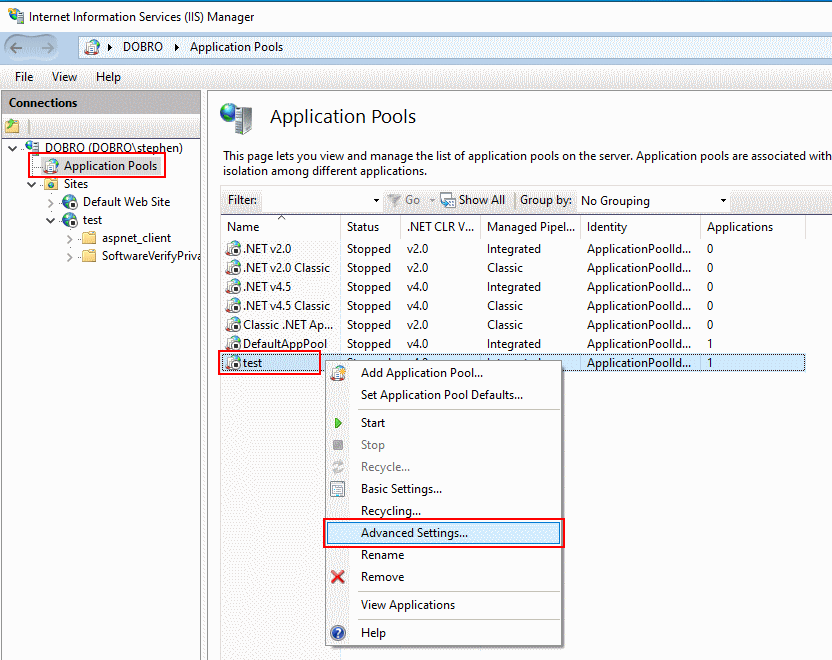 IIS Application Pools Advanced Settings