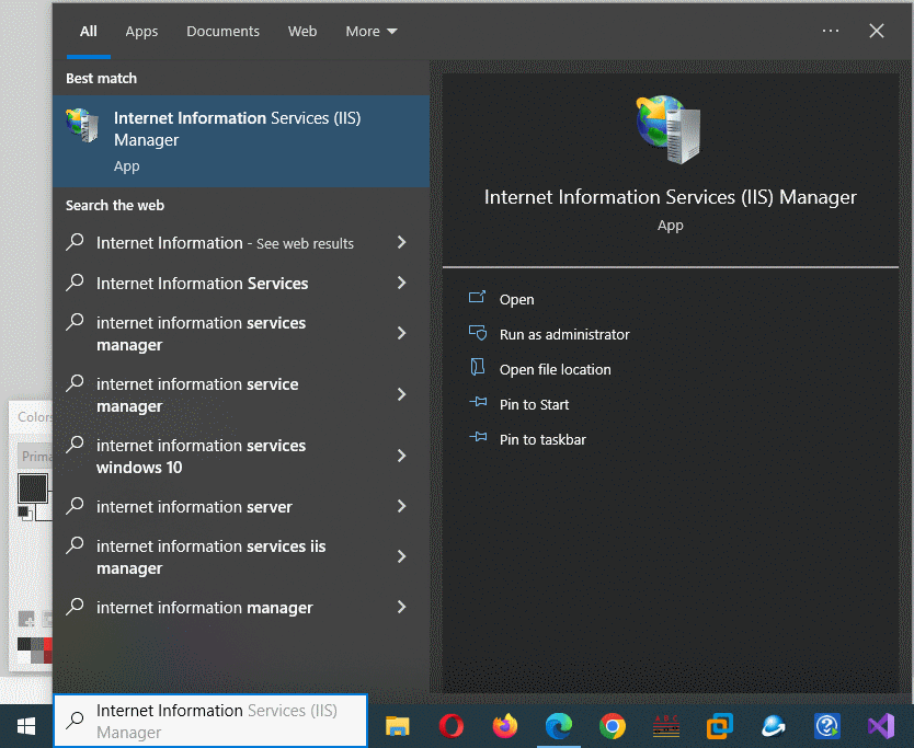 Start menu Internet Information Services Manager