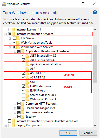 Turn Windows features on or off ISAPI and ASP.NET