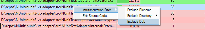 Filtering vstest framework code