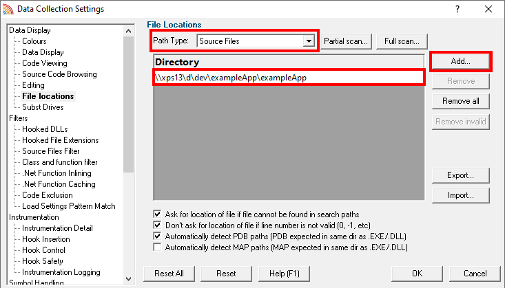 File locations dialog - source files