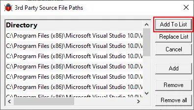 Third party source file paths dialog