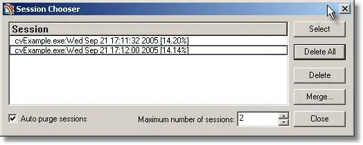 Coverage Validator Session Manager dialog merge coverage sessions