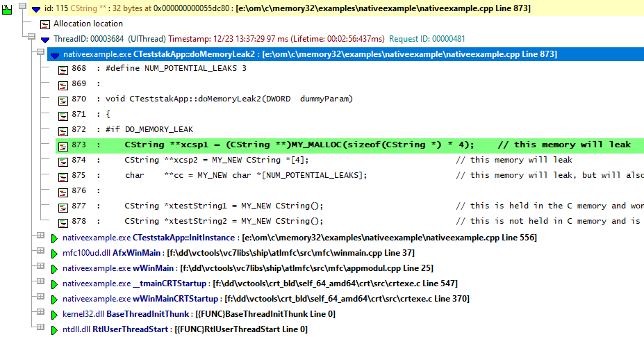 Memory leak displaying callstack and source code