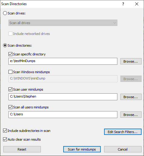 Minidump Manager directory scan