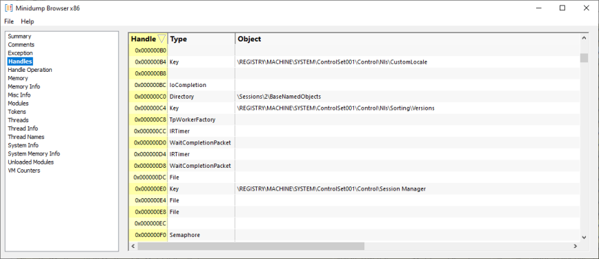 Minidump Browser handles