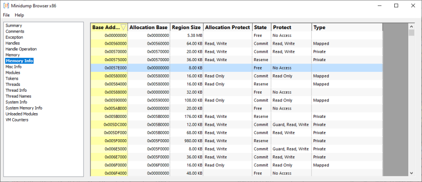 Minidump Browser memory information