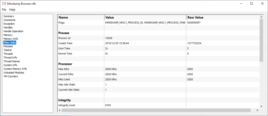 Minidump Browser miscellaneous information