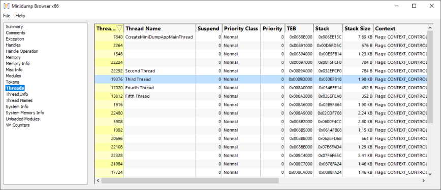 Minidump Browser threads