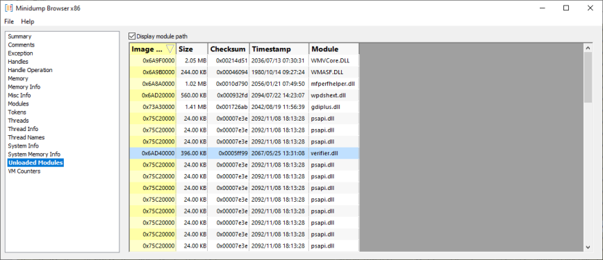 Minidump Browser unloaded modules