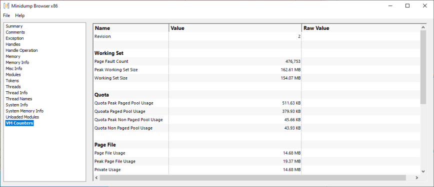 Minidump Browser VM counters