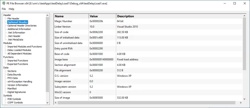 PE File Browser Optional Header