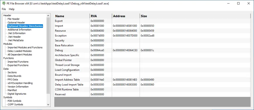 PE File Browser Optional Header Directories