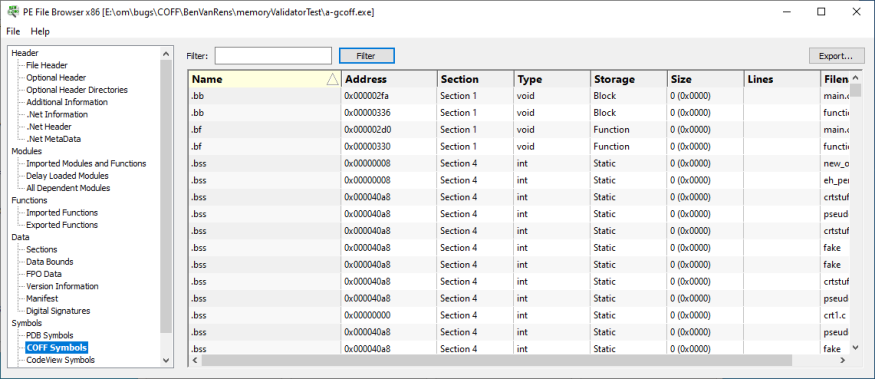 PE File Browser COFF Symbols