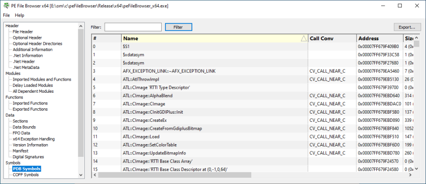 PE File Browser PDB Symbols