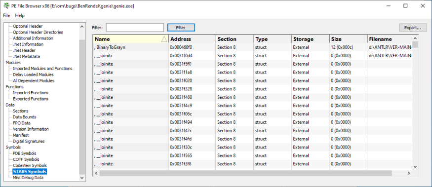 PE File Browser STABS Symbols