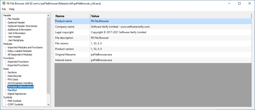 PE File Browser Version Information