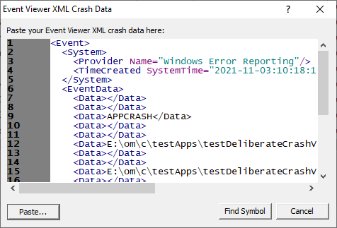 Query map file Symbol By Event Viewer XML Crash Log Dialog With Data