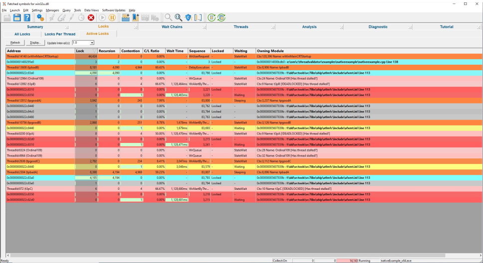 Thread Validator showing active locks and waits