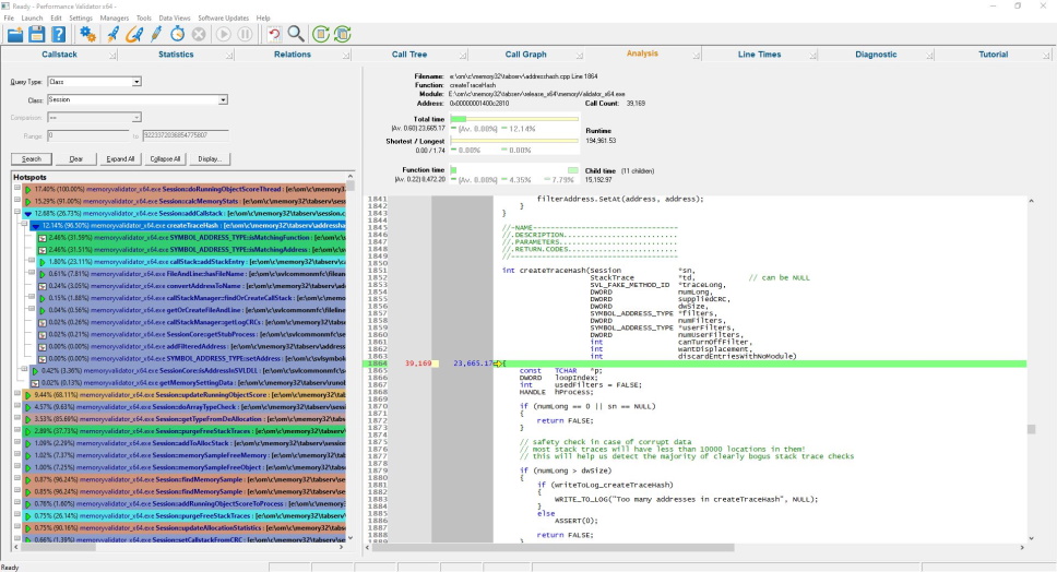 Performance Validator analysis view, where you can perform queries on the collected profiling data