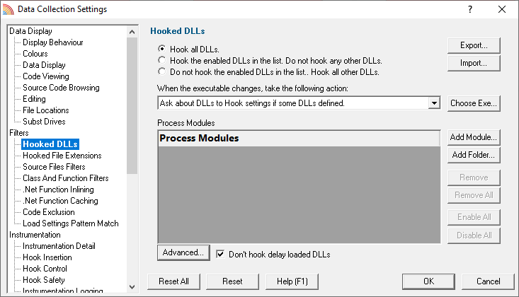 Coverage Validator Hooked DLLs settings