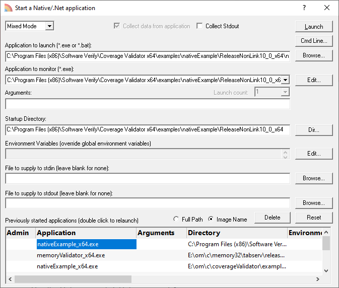 Coverage Validator launch native application dialog