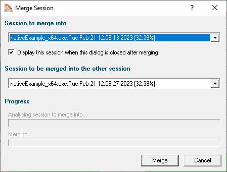 Coverage Validator merge session dialog