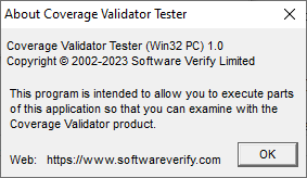 Coverage Validator native example About box.